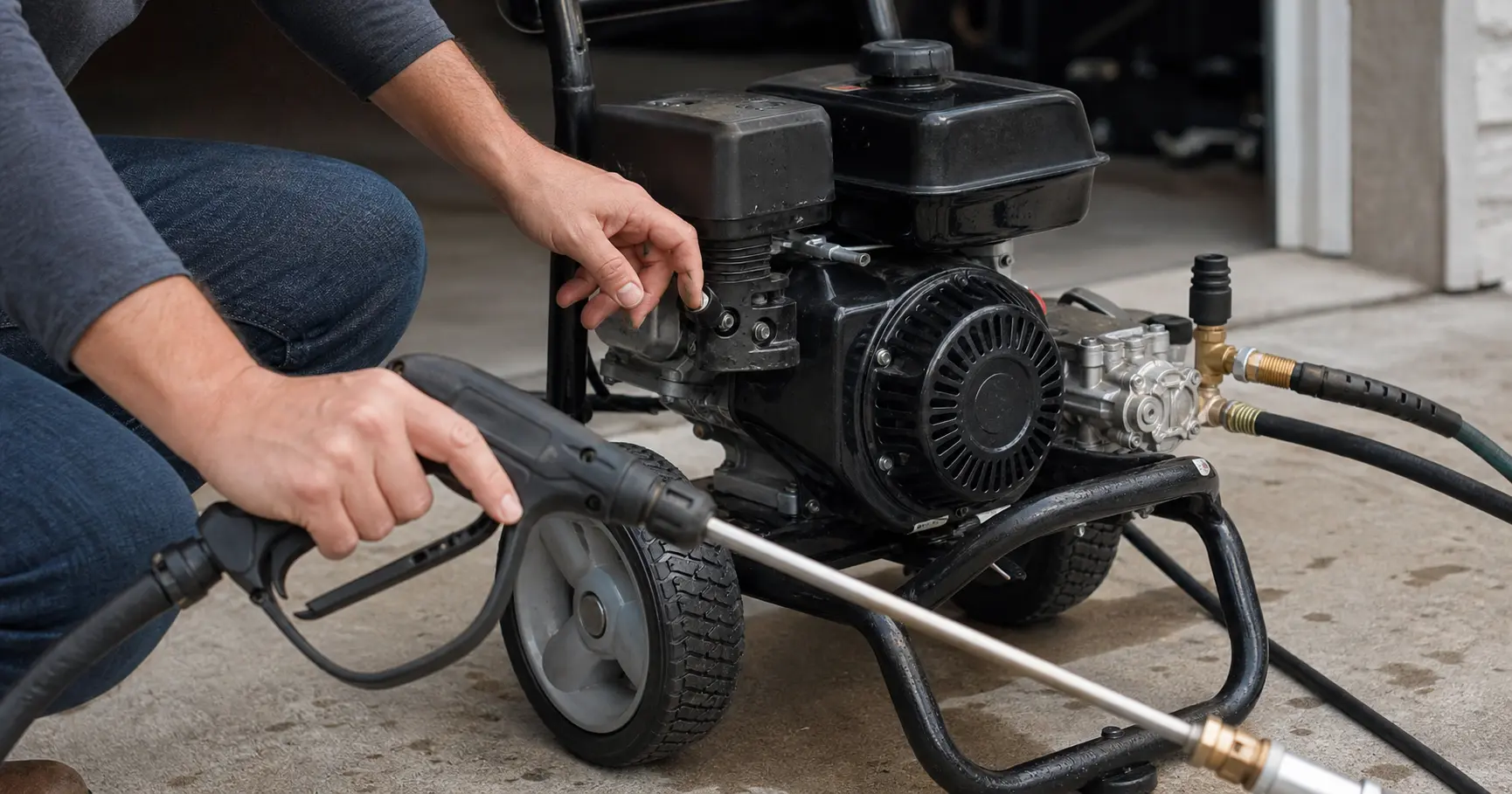 Pressure washer trigger being squeezed while checking a stuck pull-cord starter