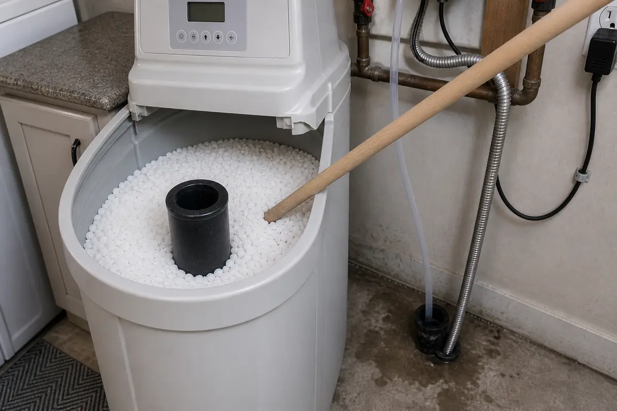 Blunt wooden handle used near an open water softener salt tank to check for a salt bridge