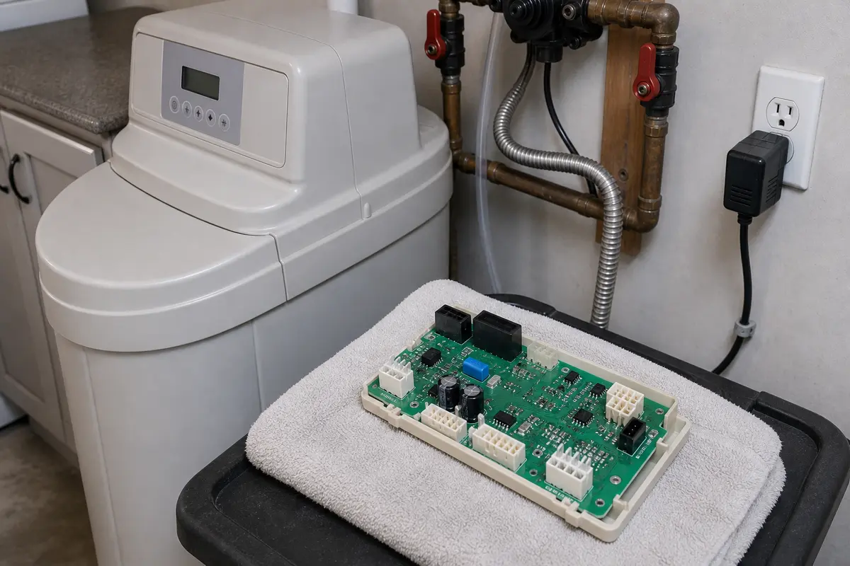 Replacement water softener control board module near a cabinet style softener control housing