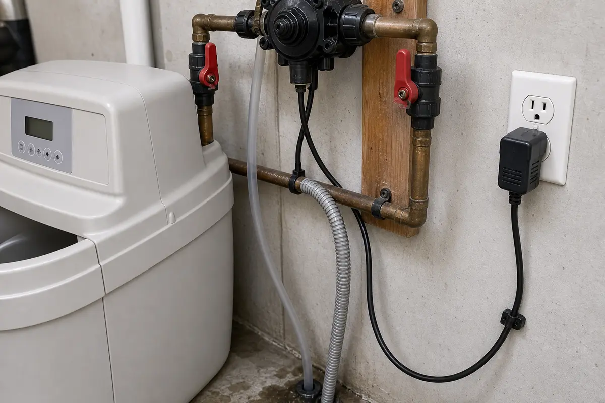 Rheem style water softener bypass valve tubing drain line and dry control area checked for leak clues