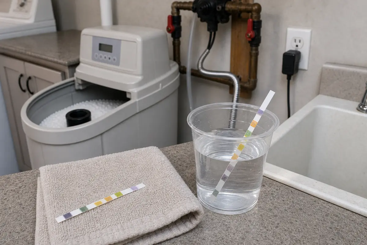 Water hardness test strips and sample cup used to confirm softener results after recharge