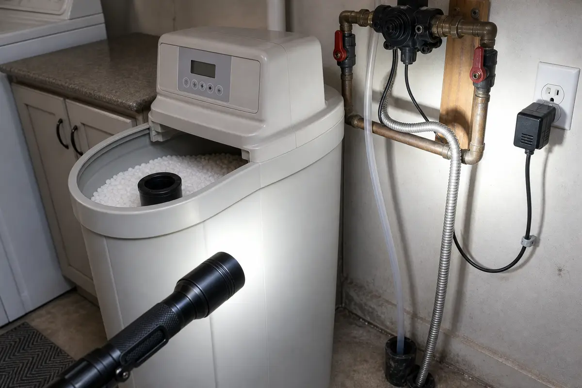 Inspection flashlight beside a Rheem style water softener for bypass and brine leak checks