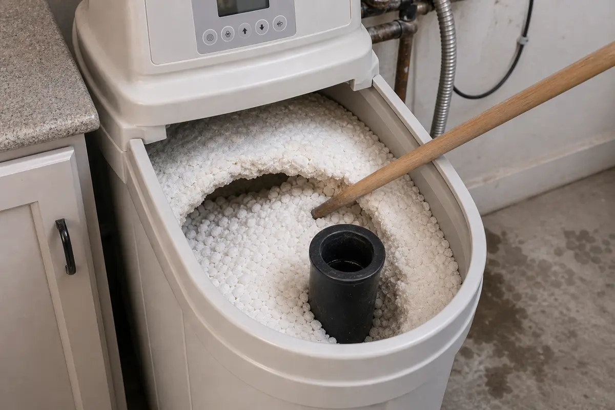 Open water softener salt tank checked for a salt bridge with a blunt wooden handle