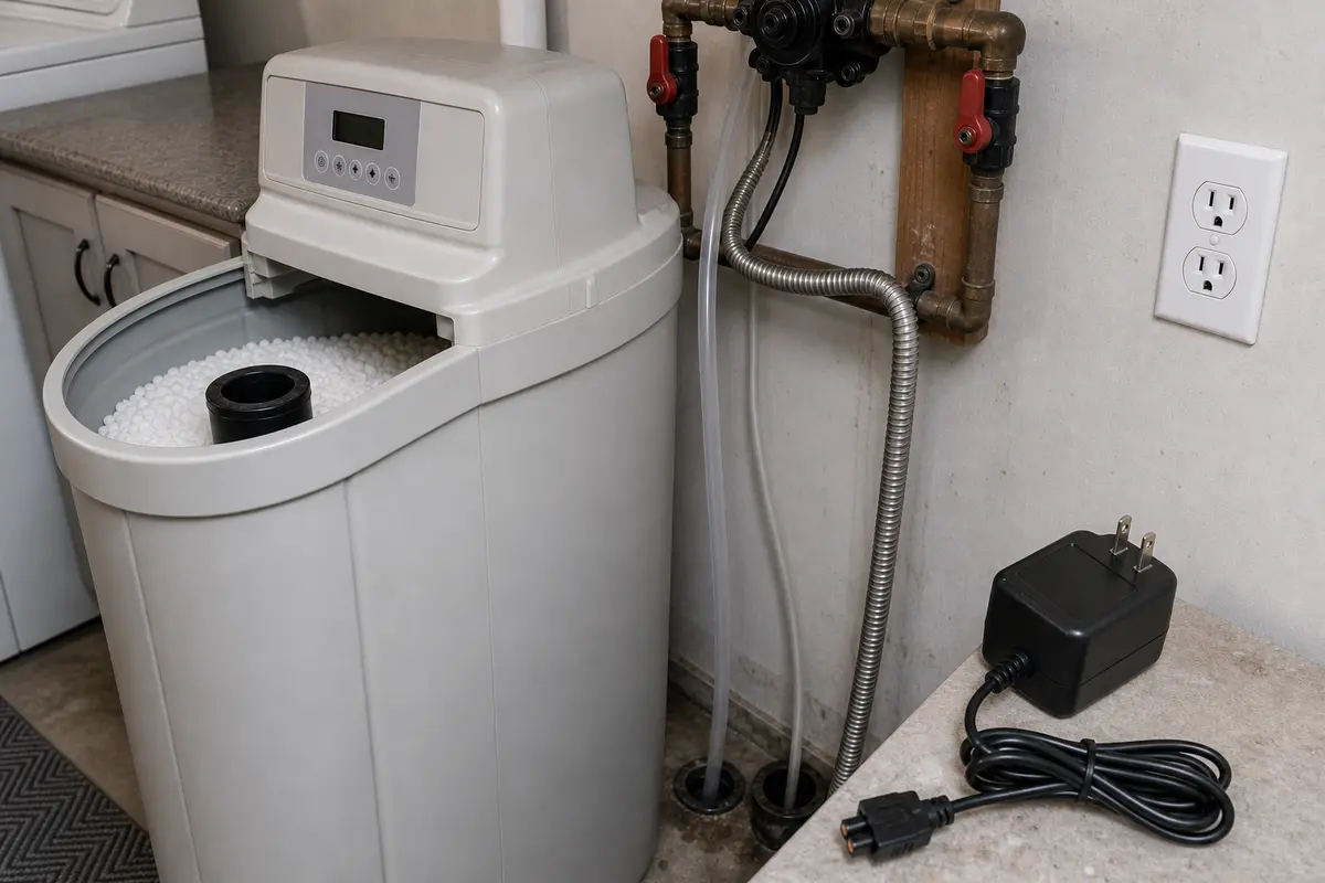 Replacement water softener transformer power supply for a Rheem style cabinet softener