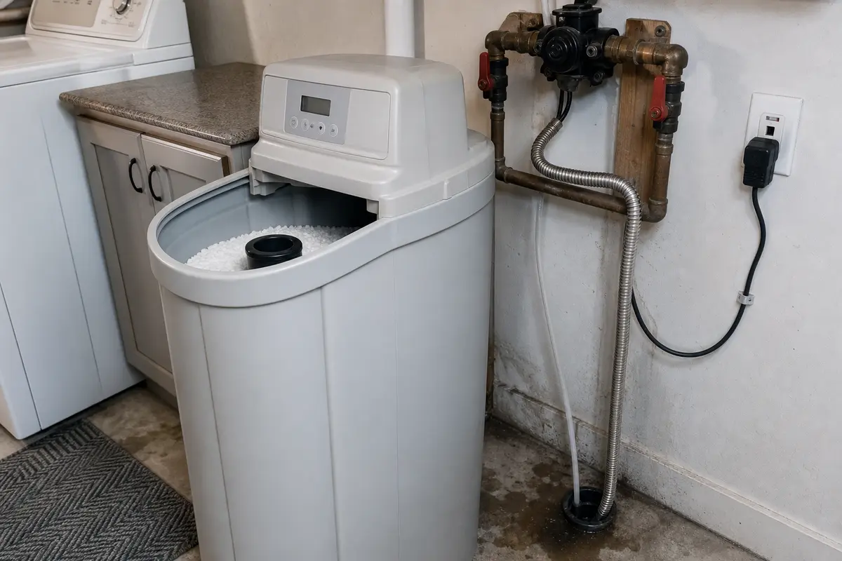 Rheem style cabinet water softener checked at the bypass valve and salt tank for leak clues