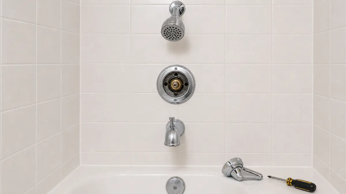 Shower diverter trim and handle area opened for inspection