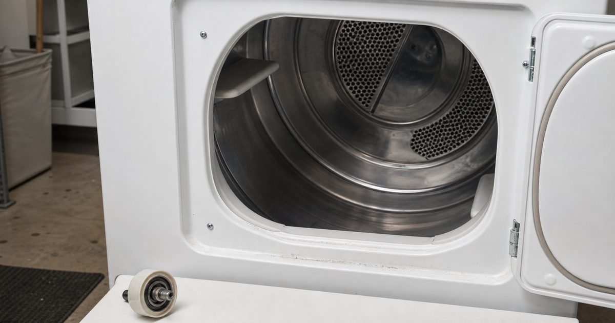 Open clothes dryer drum with a drum roller part nearby