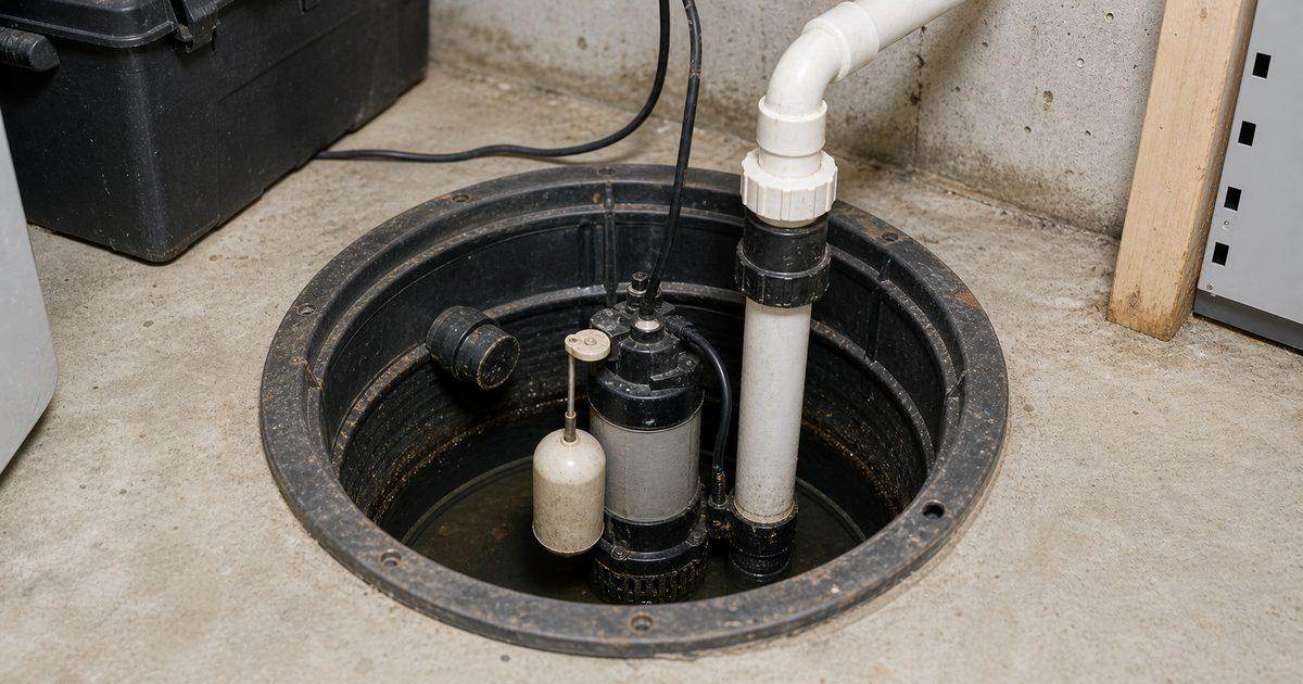 Open basement sump pit with pump, float switch, and discharge pipe visible