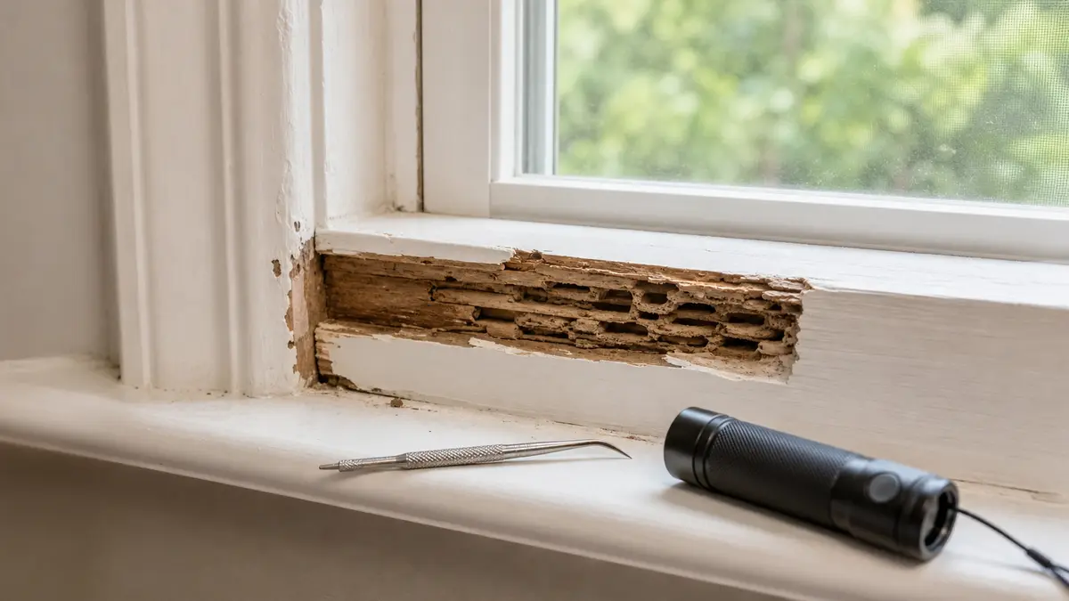 Window frame trim opened to show contained termite galleries in damaged wood