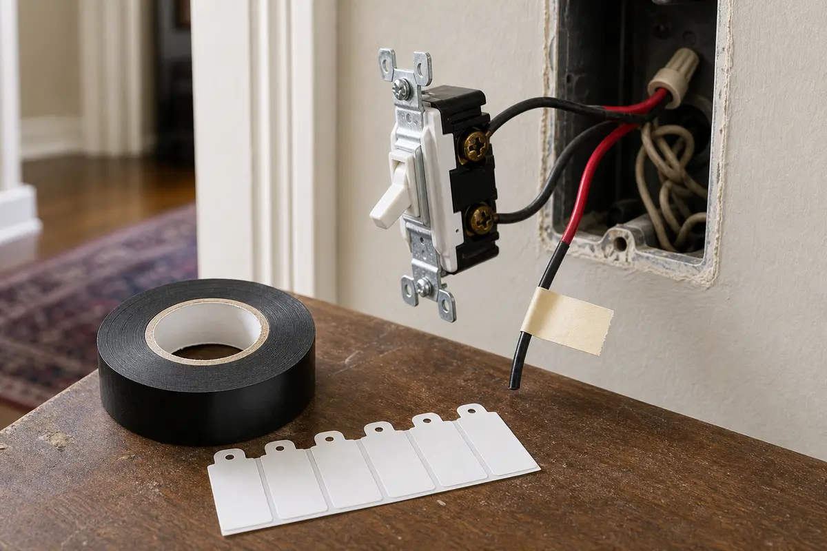 Electrical tape and blank wire labels for marking a common wire