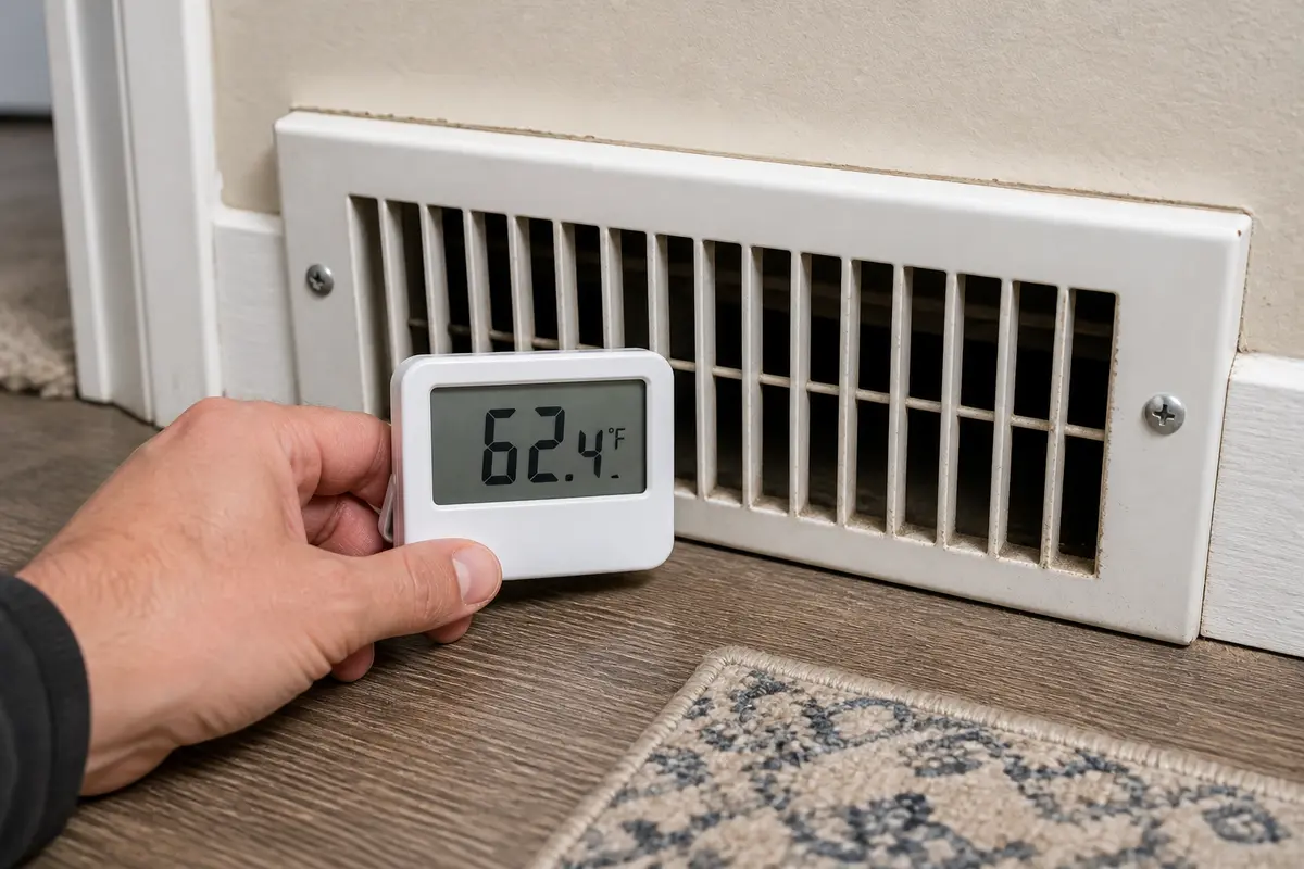 Digital room thermometer held at supply vent for AC cooling output check