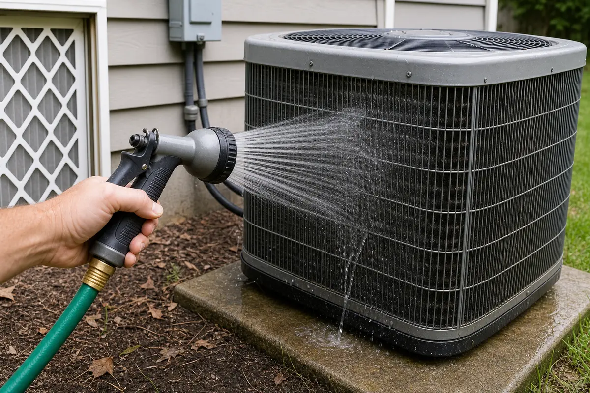 Gentle hose spray nozzle rinsing outdoor condenser fins for long AC run time