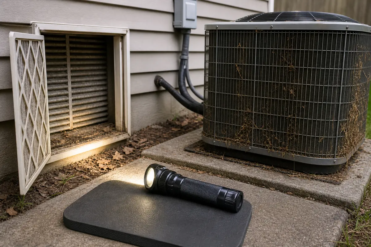 Inspection flashlight beside outdoor condenser and return filter area for AC run-time checks