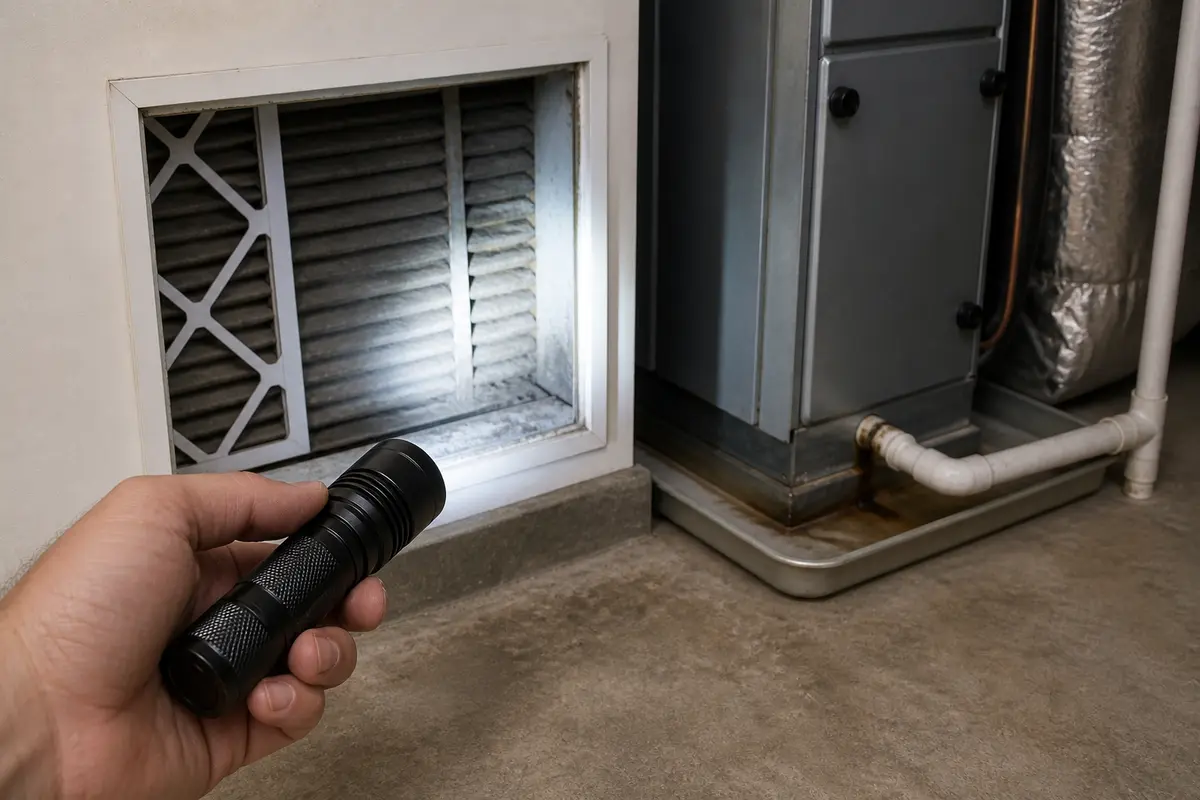 Inspection flashlight for ac smells musty checks