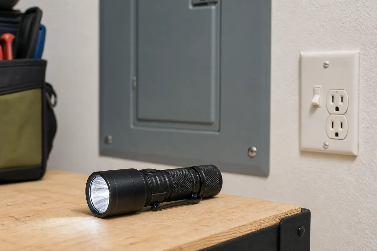 Inspection flashlight for checking AFCI breaker heat clues from the finished side