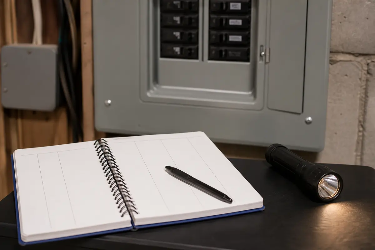 Blank circuit notebook beside a closed panel for AFCI trip mapping