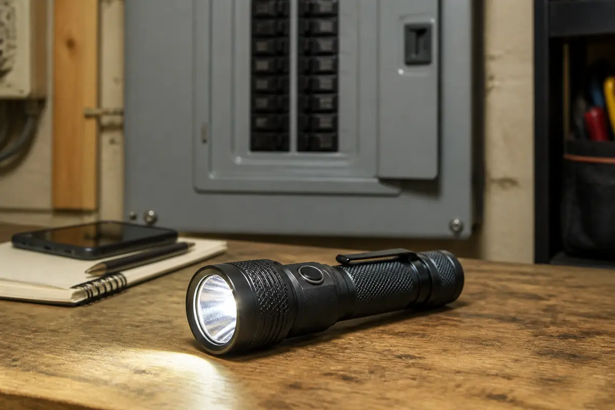 Inspection flashlight beside a closed panel for nighttime AFCI trip notes