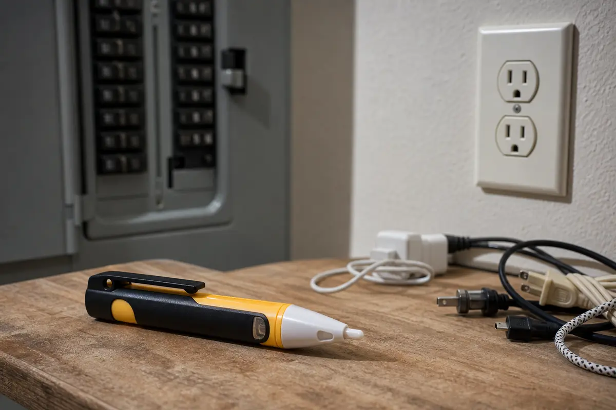 Non-contact voltage tester near a dry outlet during AFCI trip checks