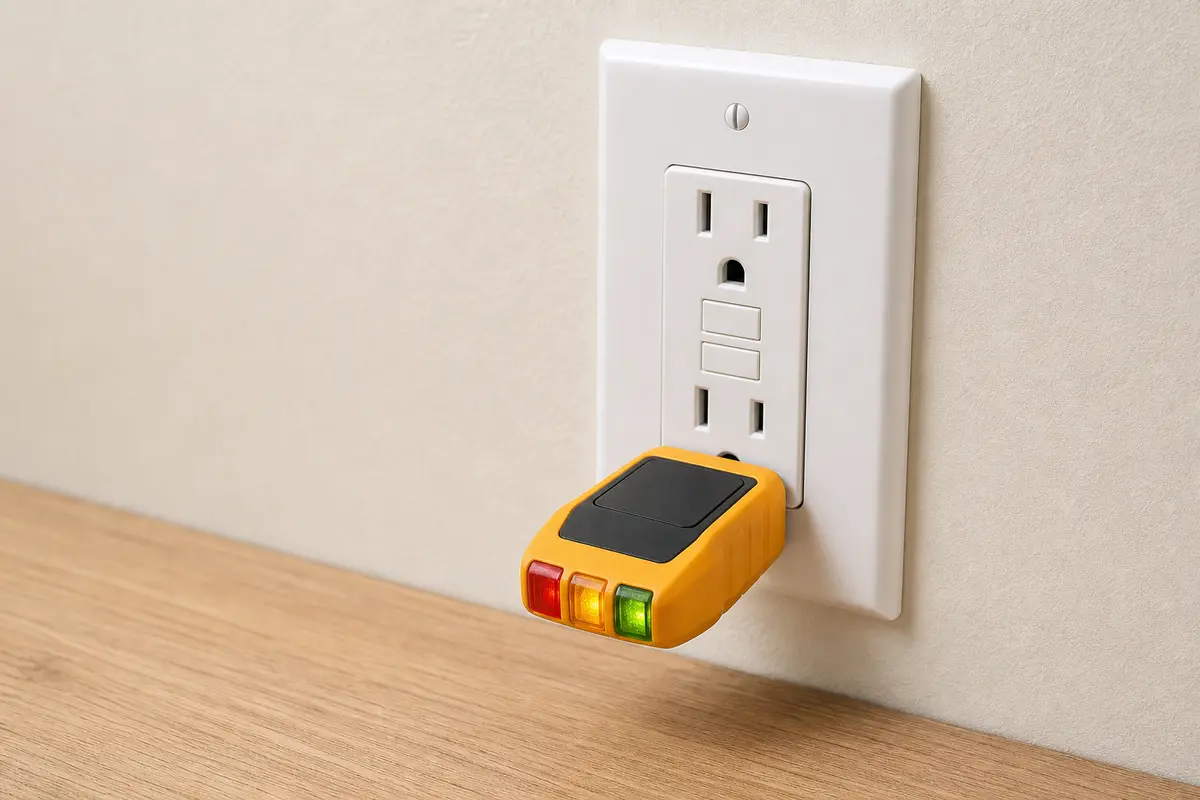 Plug-in outlet tester at a dry AFCI receptacle for basic post-repair checks