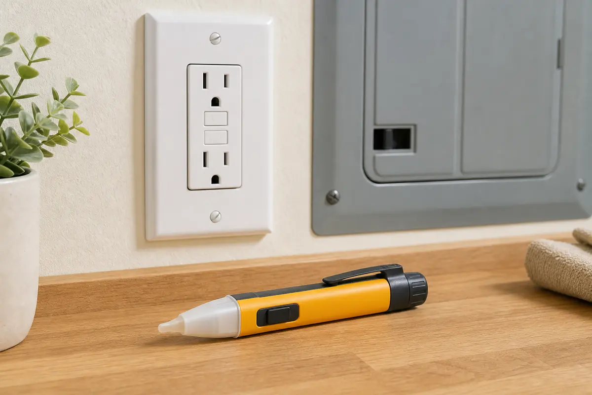 Non-contact voltage tester staged near an AFCI wall device for a power-off screen