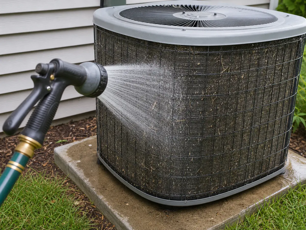 Gentle hose nozzle rinsing an outdoor AC condenser coil