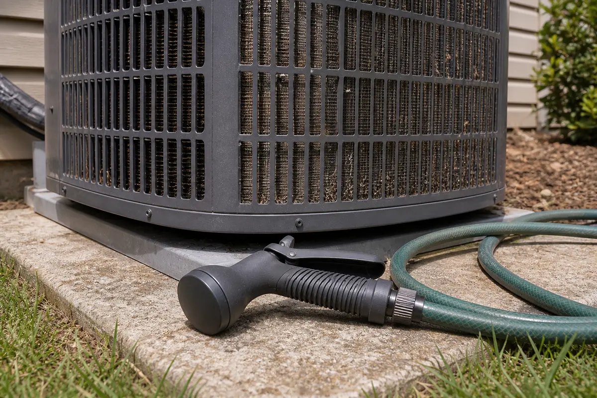 Gentle hose nozzle for condenser airflow cleaning