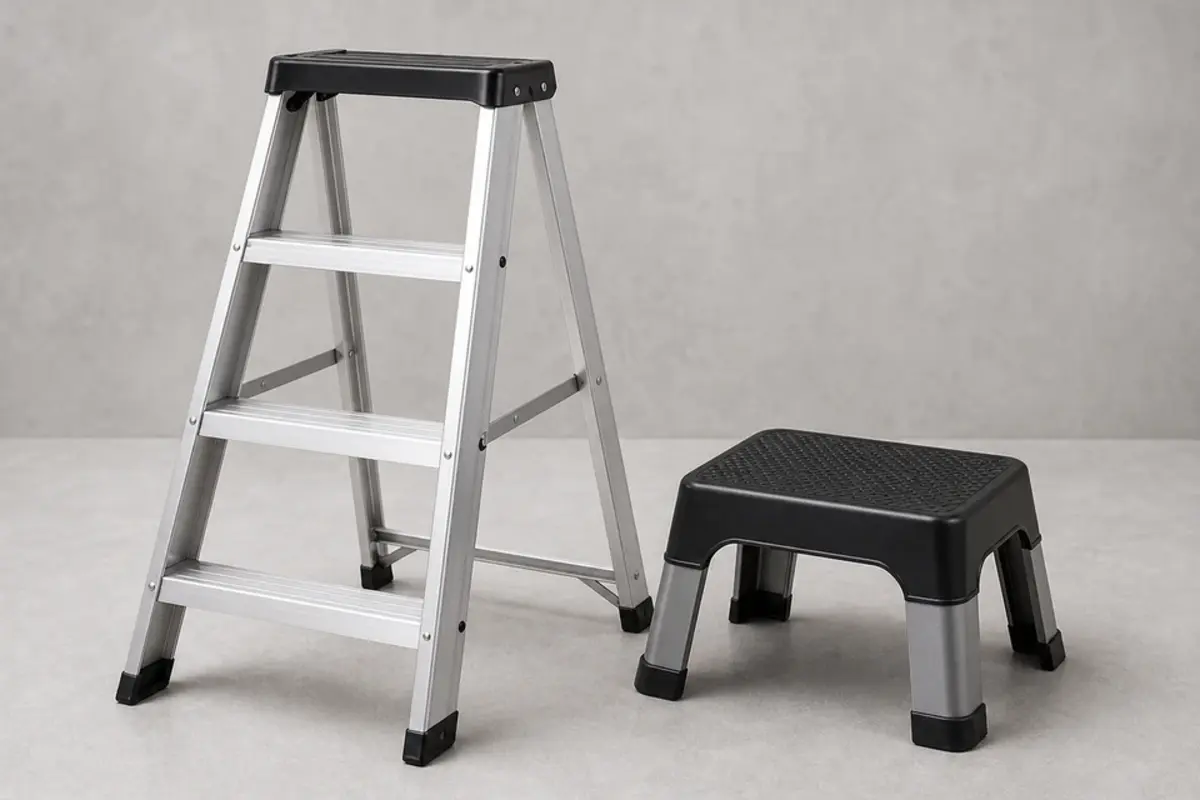 Step ladder used to reach a ceiling supply register dripping water