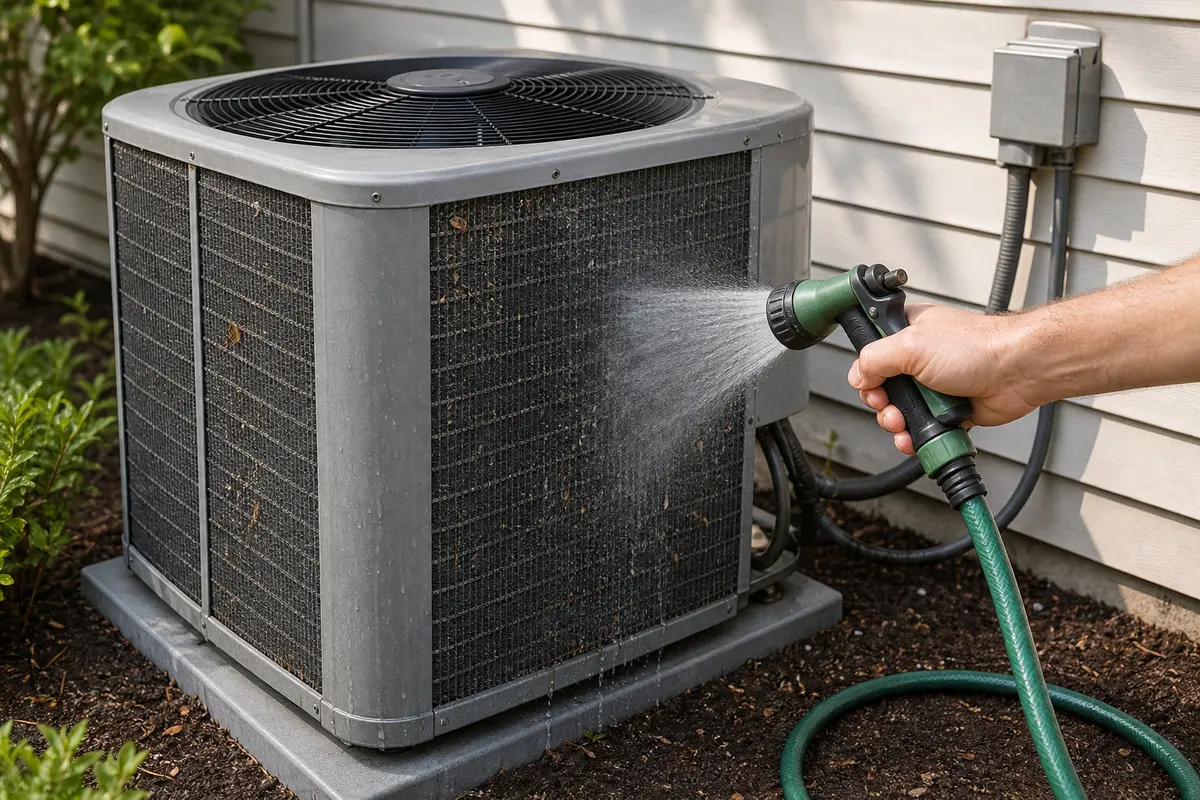 Gentle hose spray nozzle for rinsing exterior condenser debris