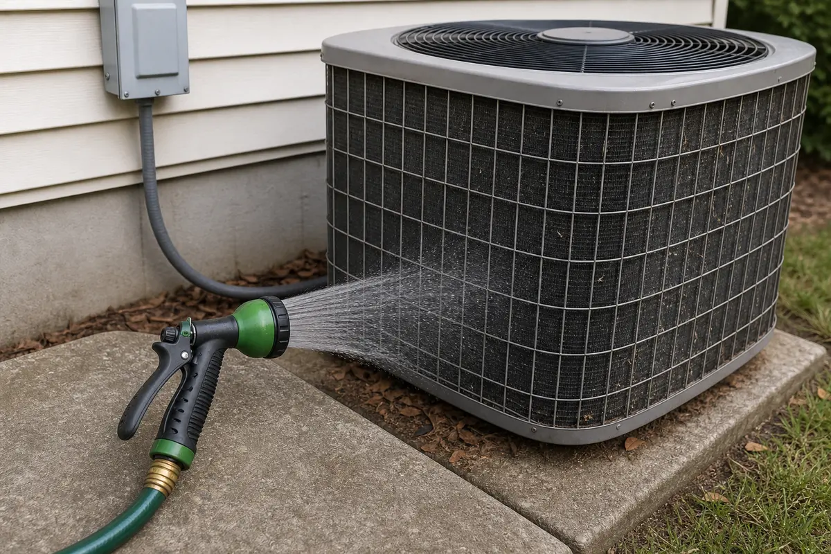 Gentle hose spray nozzle for outdoor AC condenser coil cleaning