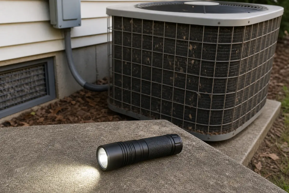 Inspection flashlight for AC outdoor unit repeated clicking checks