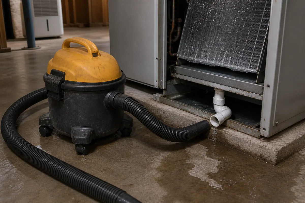 Wet-dry vacuum for accessible air handler thaw-water drain checks