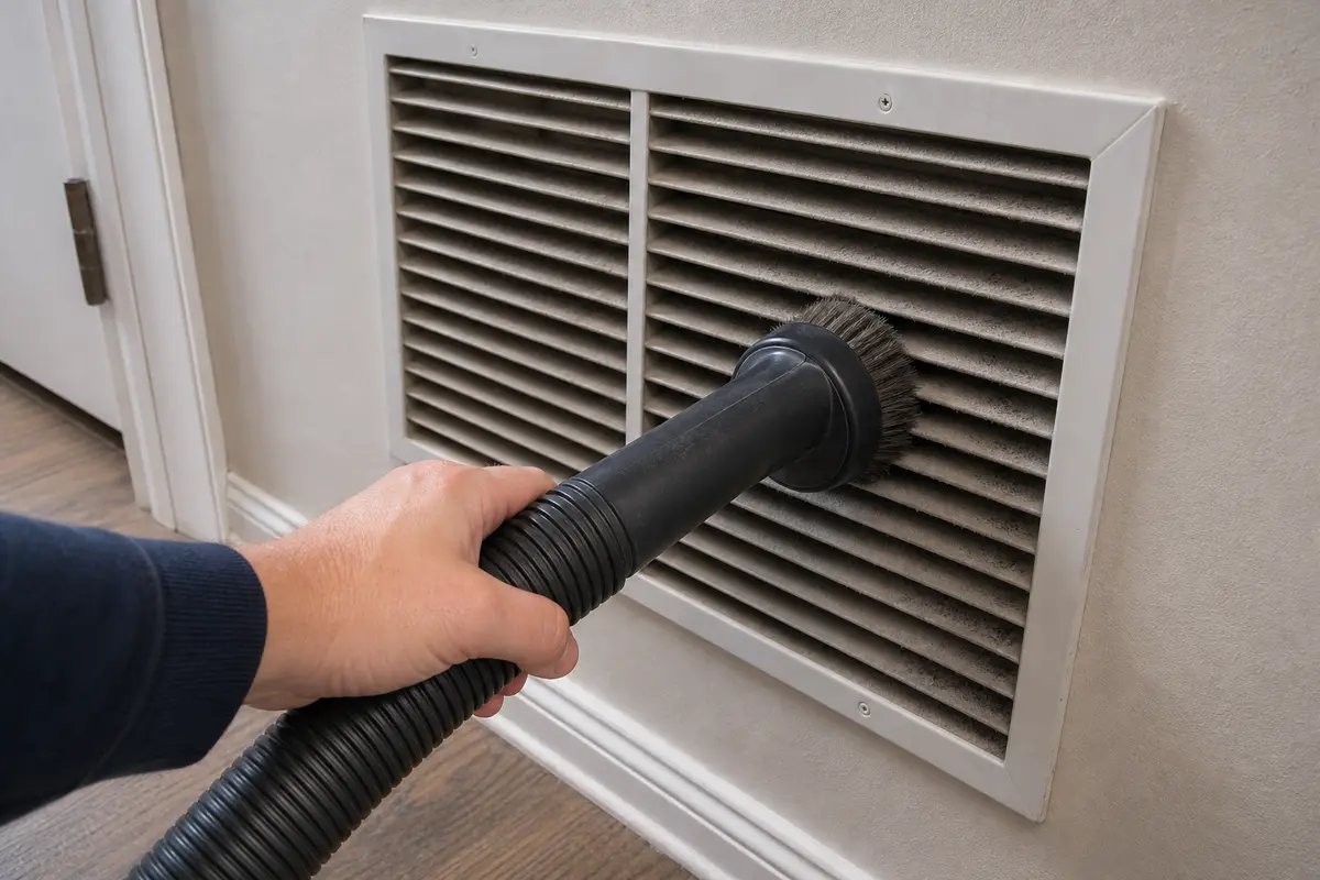 Vacuum brush attachment for reachable return grille dust checks