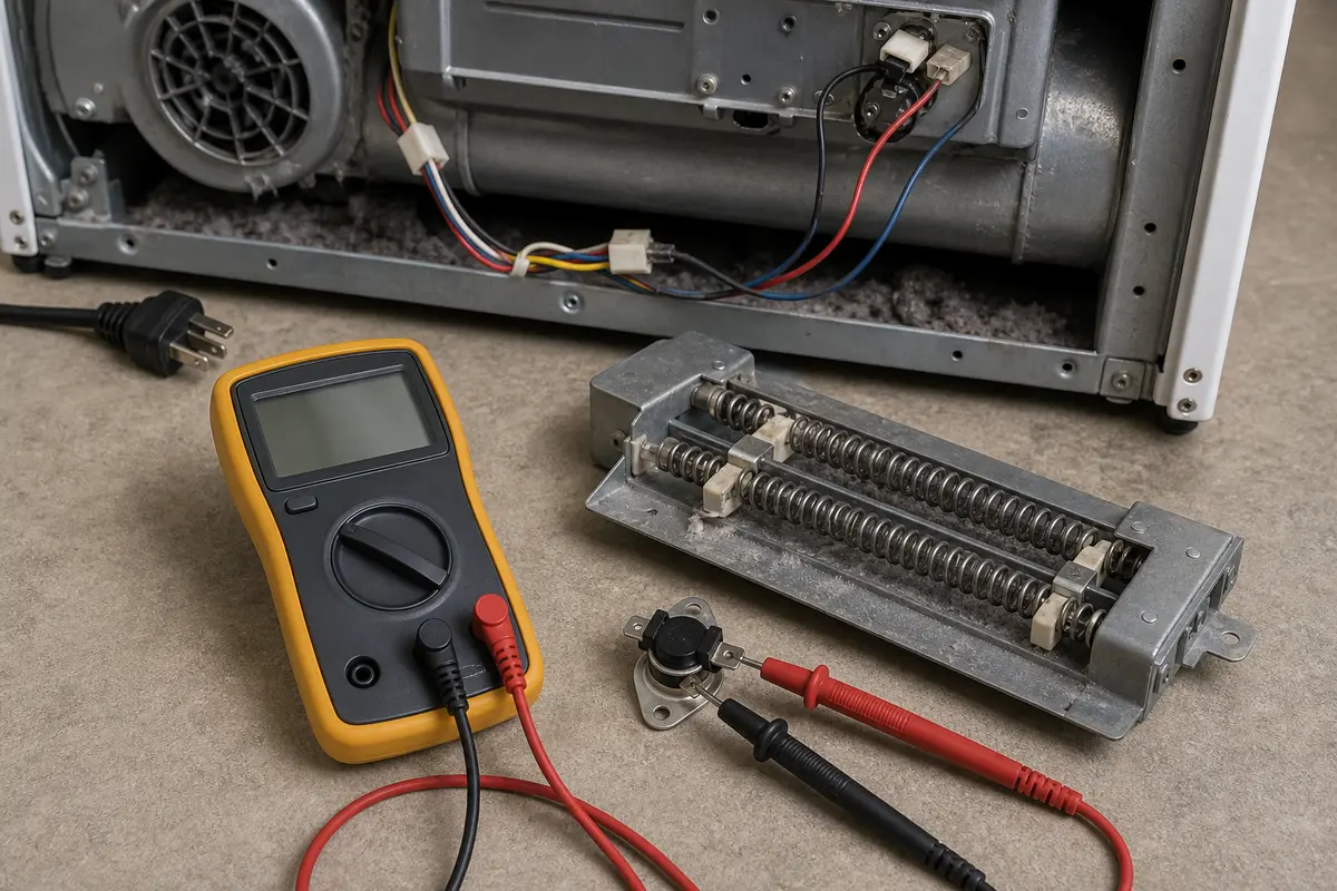 Digital multimeter used for continuity checks on unplugged dryer heat parts