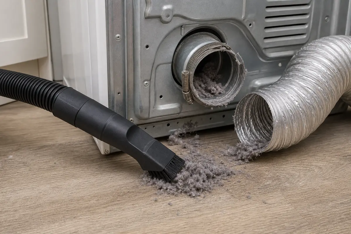 Vacuum with hose attachment removing lint near a dryer vent connection