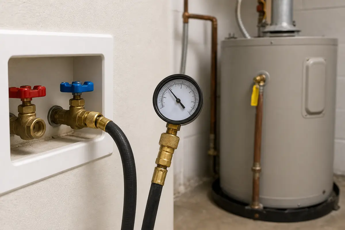 Hose-thread water pressure gauge staged near a water heater for relief-valve diagnosis
