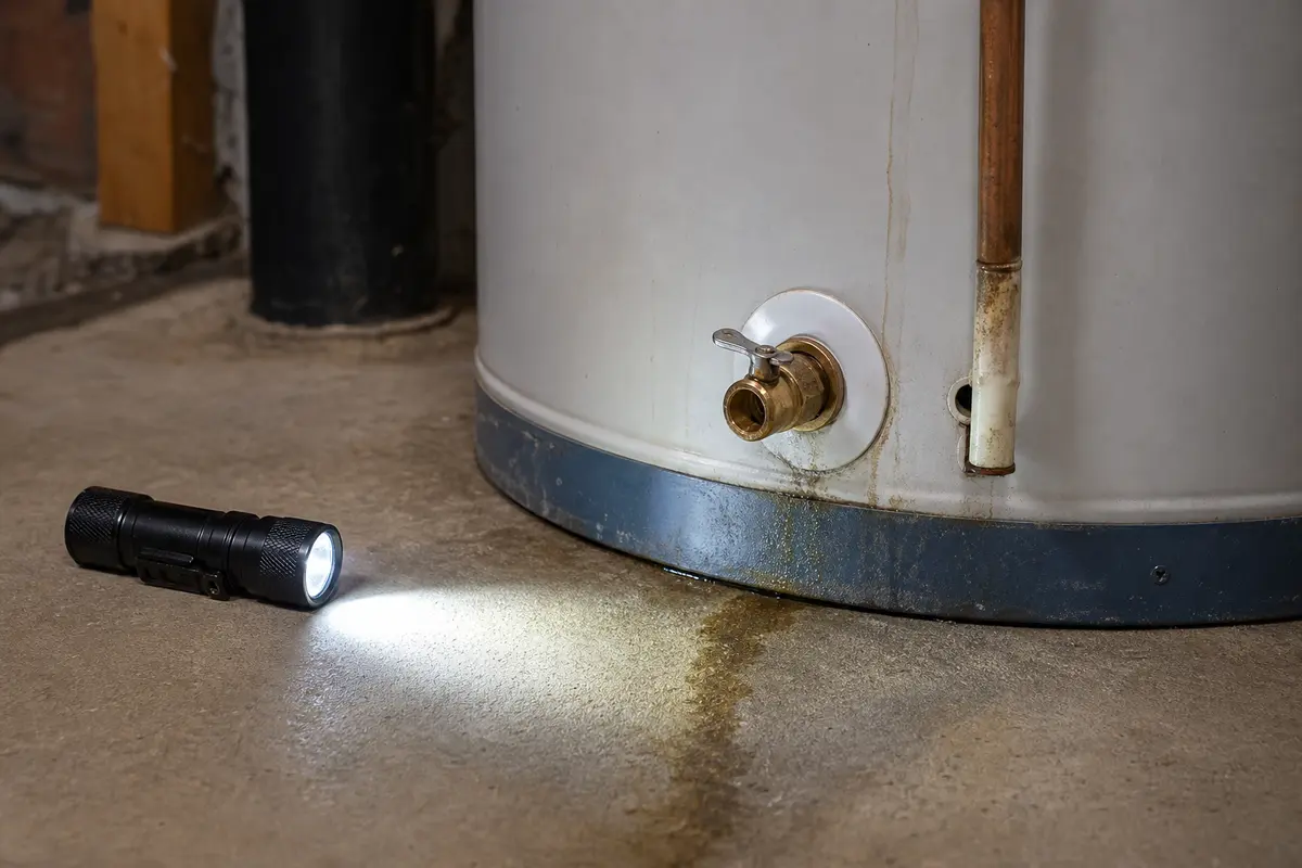 Inspection flashlight tracing a wet path near an American Standard water heater bottom leak