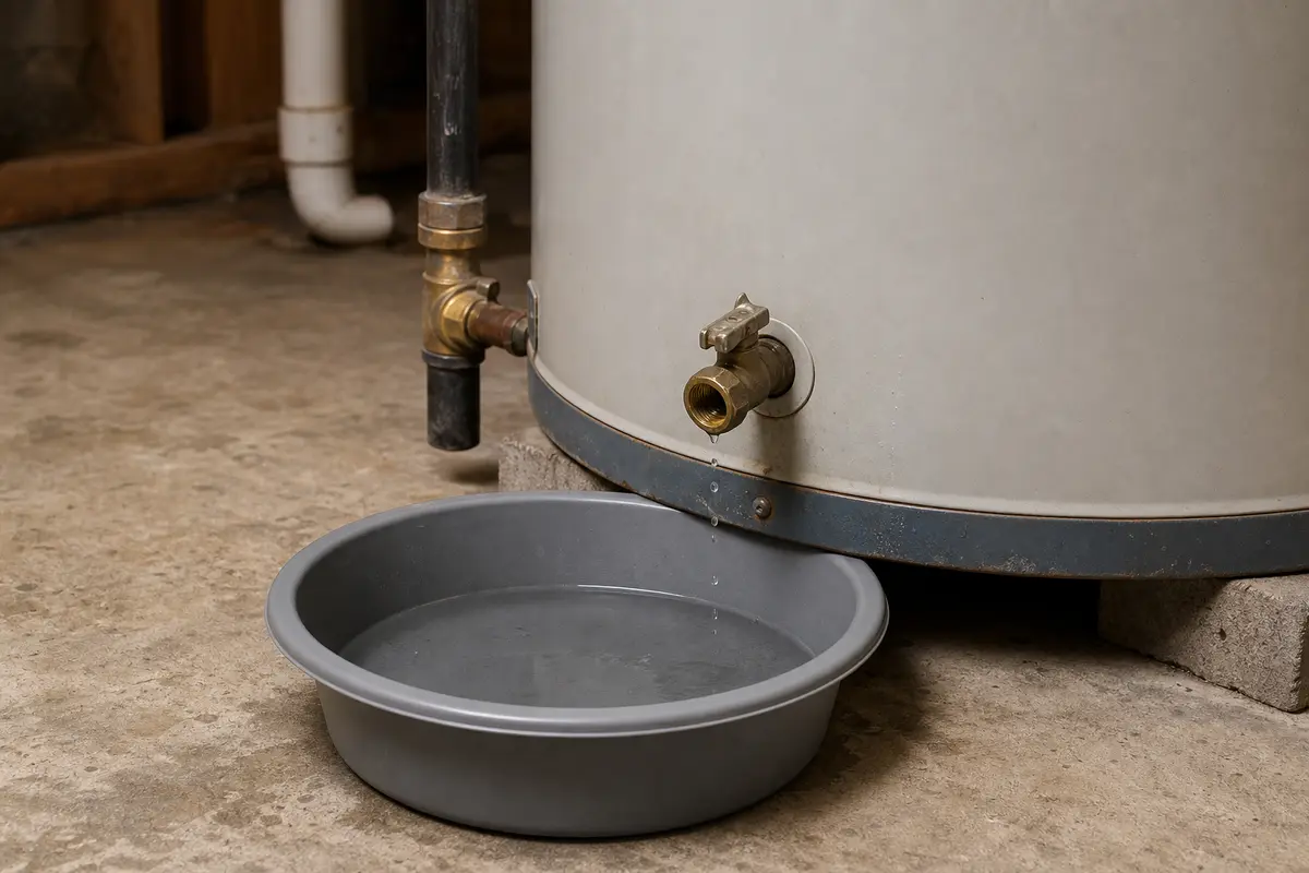Low shallow pan catching a small external drip near a water heater drain valve