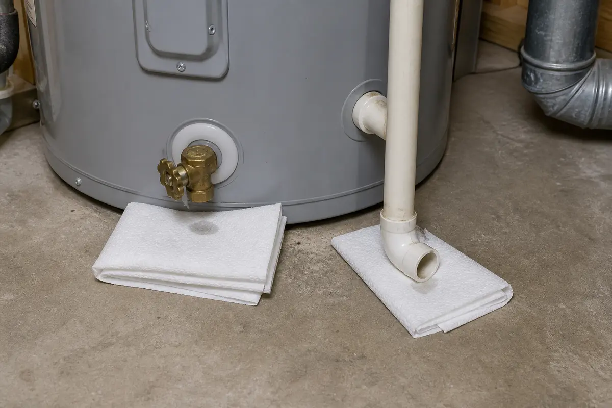 Paper towels used as dry witnesses near a water heater drain valve and relief discharge