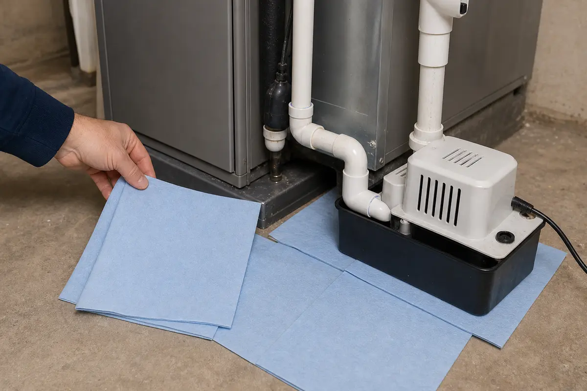 Shop towels and a shallow pan set beside a condensate drain area