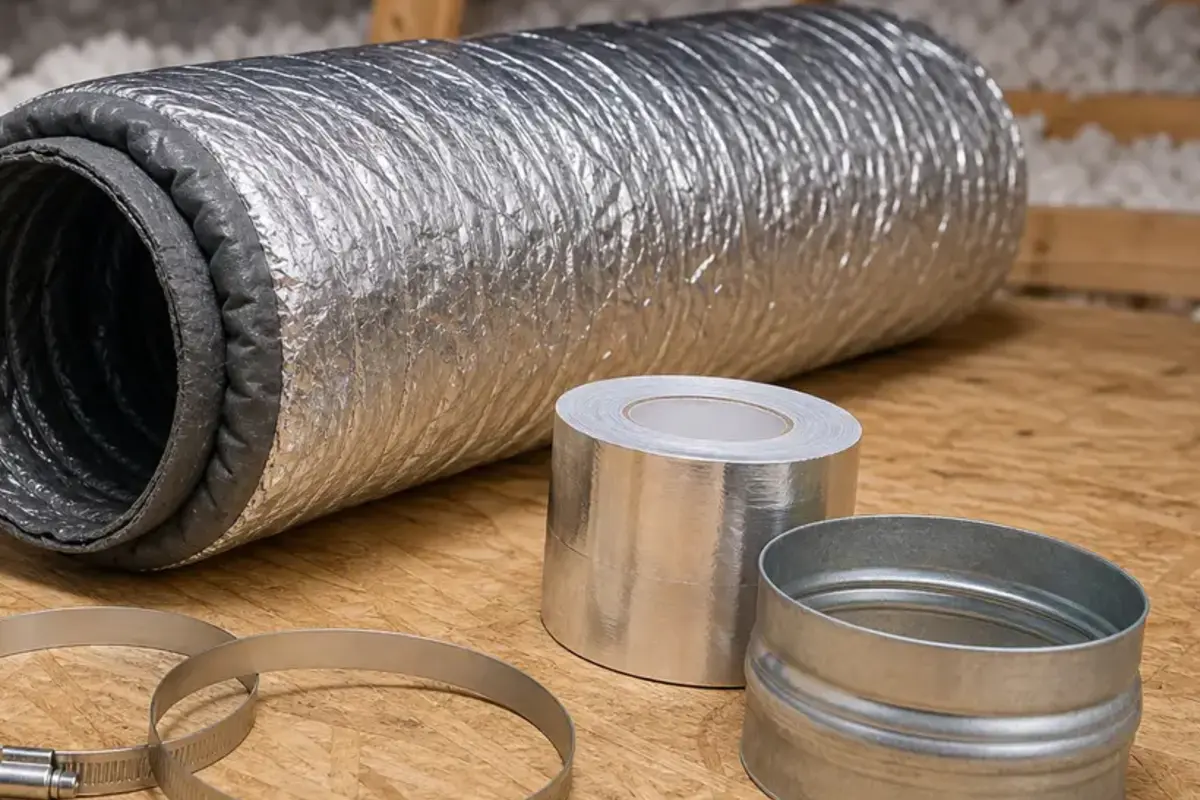 Foil HVAC tape and clamps for securing a bath fan duct joint