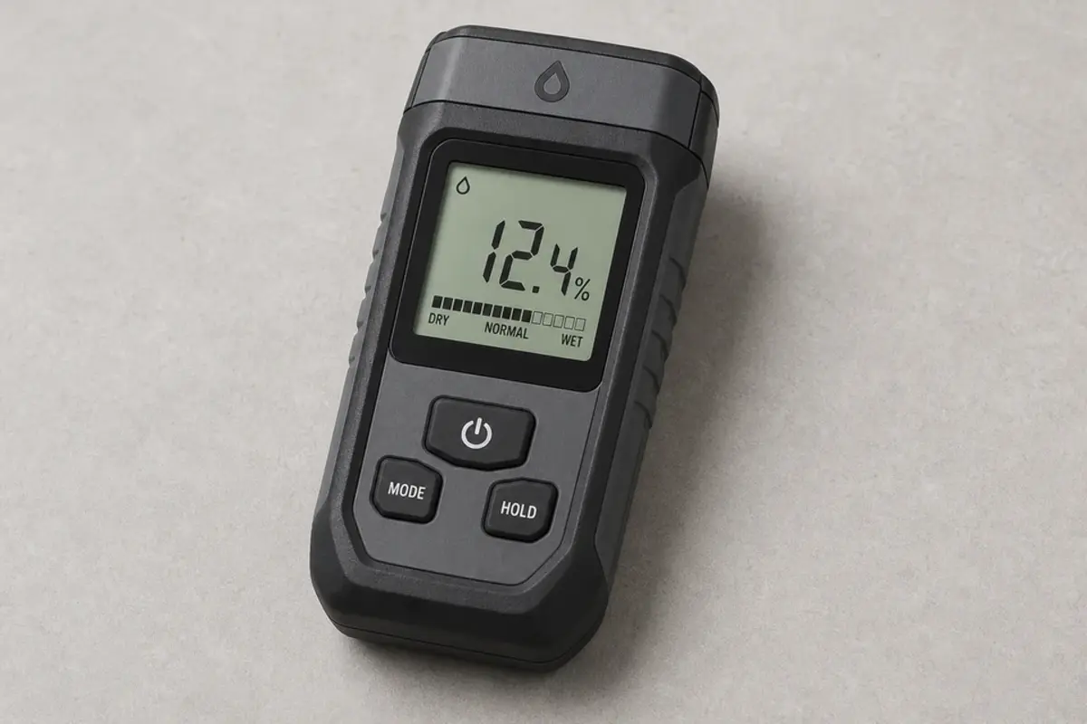 Pinless moisture meter used to compare damp attic sheathing near a plumbing stack