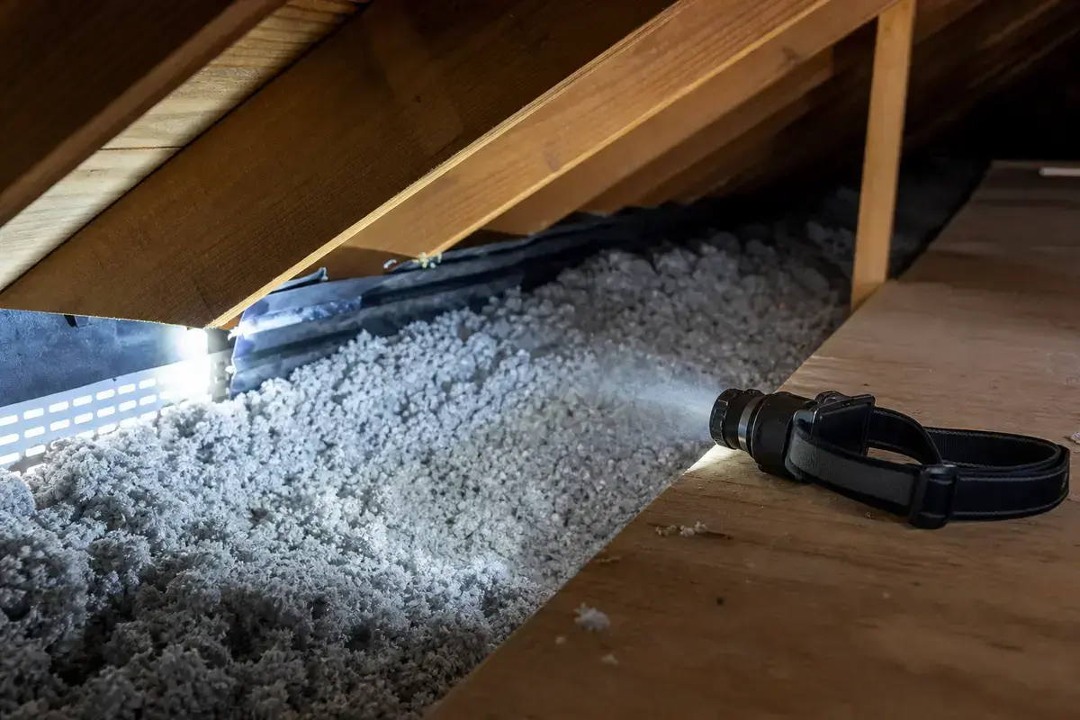 Headlamp used to inspect attic roof deck condensation and nail-tip clues