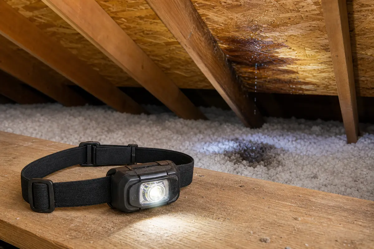 Headlamp used to trace an attic drip from roof sheathing to insulation