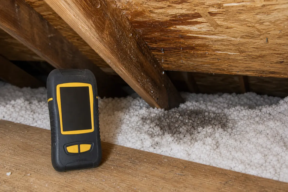 Pinless moisture meter used to compare sheathing and ceiling areas near attic drips