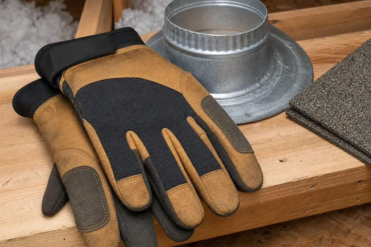 Work gloves for handling a loose gable vent and sharp screen mesh