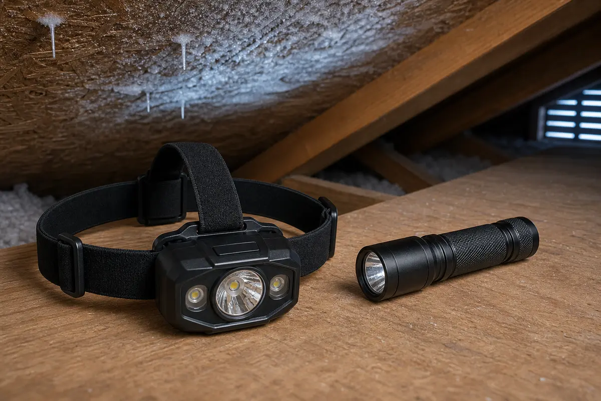 Headlamp used to inspect roof-deck ice and eave airflow clues