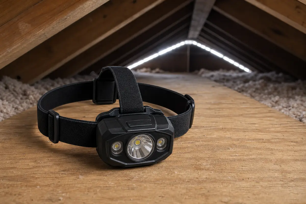 Headlamp used to inspect a blocked ridge vent from inside the attic