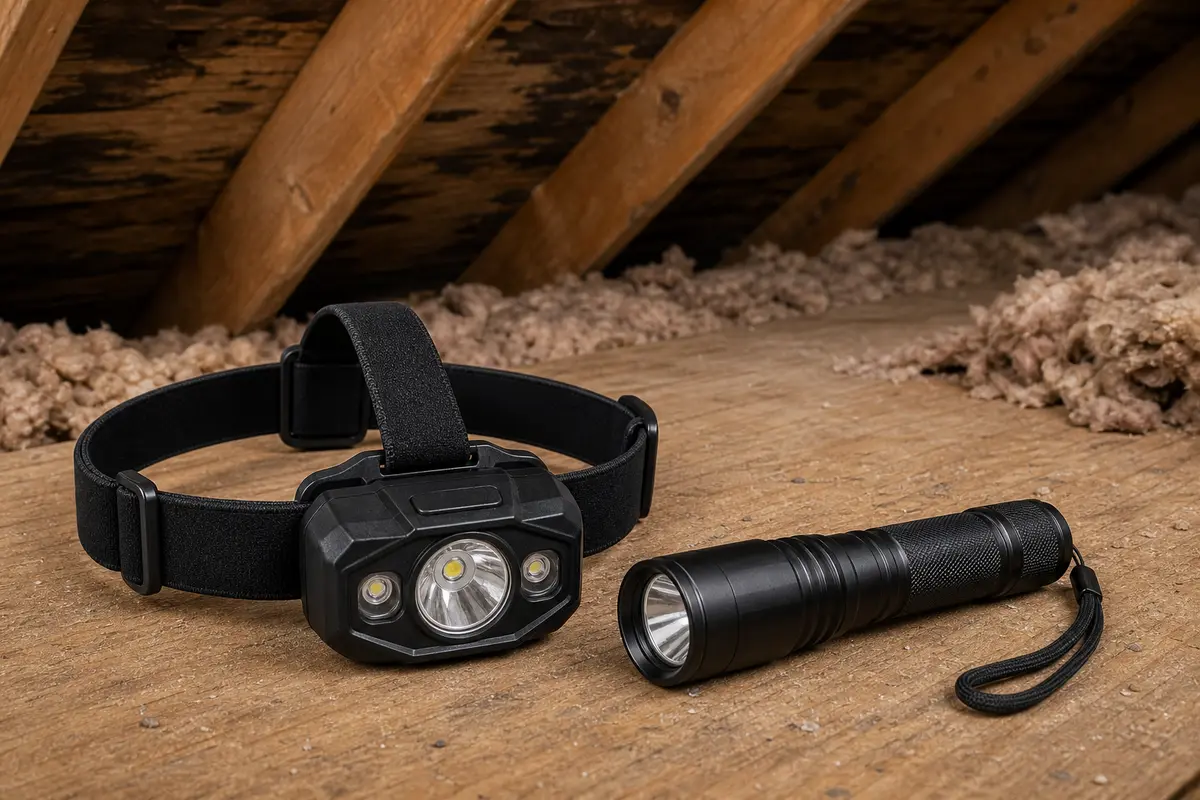 Headlamp used to inspect musty attic odor, eave channels, and roof-deck stains
