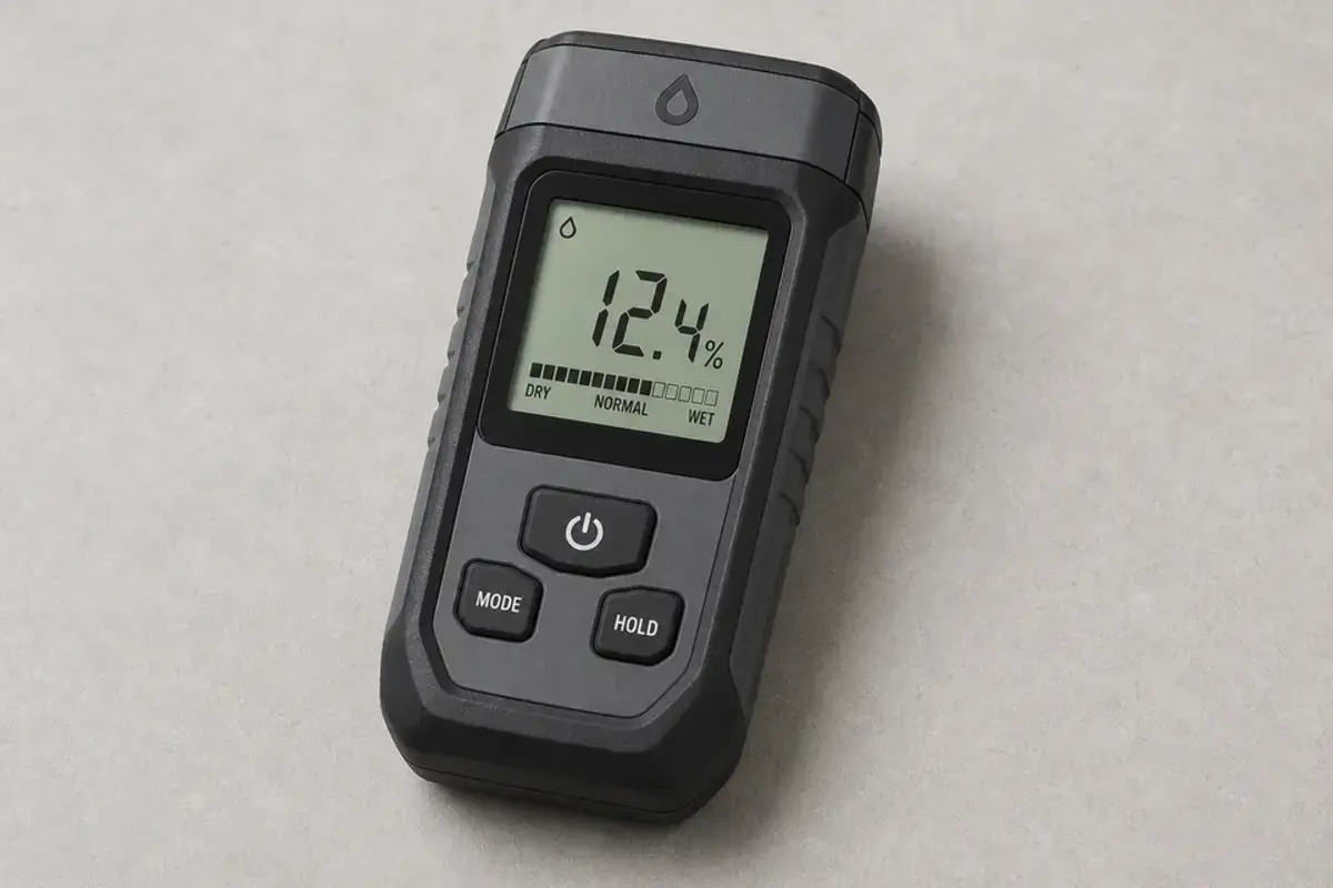 Pinless moisture meter for comparing damp attic areas near musty odor