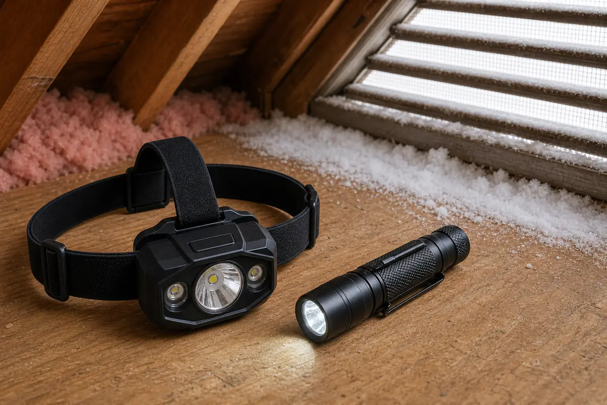 Headlamp used to inspect the snow footprint and entry path inside an attic